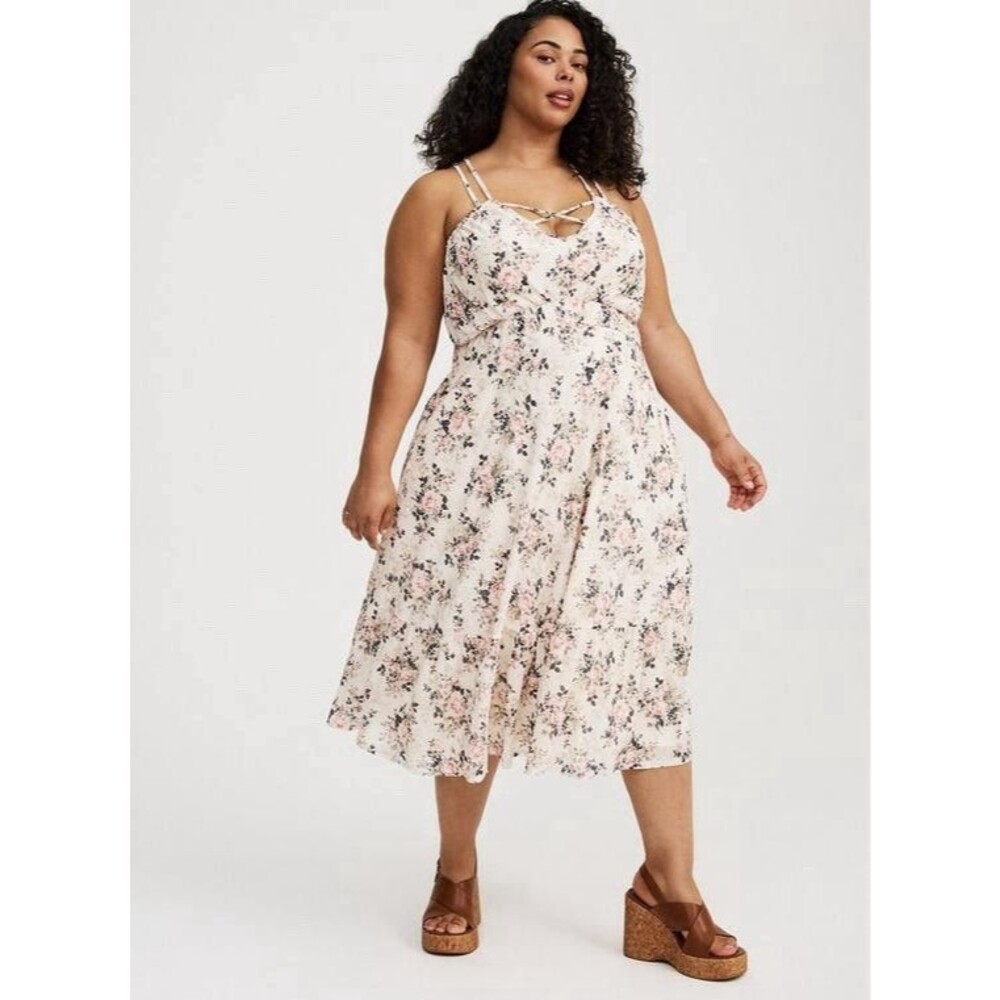 Torrid Tea Length Challis V-Neck Dress Floral Cream Pink Size 1 Cottage NWT